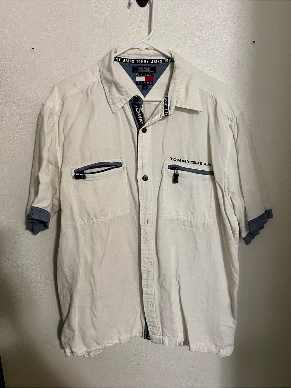 TOMMY HILFIGER Vintage Linen Cotton‎ Blend Logo Button Down Shirt White Mens L